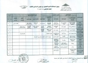 جدول امتحانات الترم الصيفى الفصل الدراسى الثالث